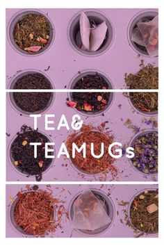 teas in cups with the words tea & teamugs written on them and surrounded by various types of loose leaves