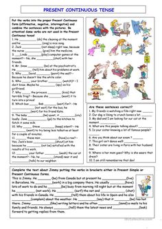 the present continuous tense worksheet is shown in this image, it shows an image of