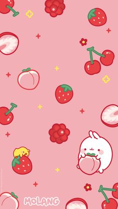 a pink background with various fruits and vegetables on it