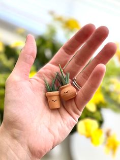 a person's hand holding two small plants with faces drawn on them