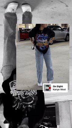 a person standing on top of a skateboard in front of a parking lot with their feet up