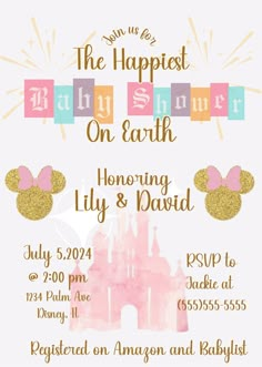 a pink and gold baby shower with minnie mouse ears on it's head, in front of a castle