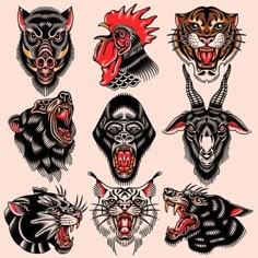 an assortment of animal heads with different designs on them, all in black and red