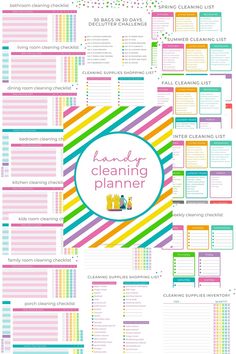 the printable cleaning planner is shown with colorful stripes