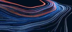 an abstract image of lines and shapes in blue, red and orange colors on a black background