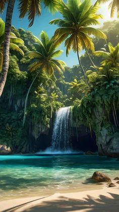 an artist's rendering of a waterfall in the middle of a tropical forest with palm trees