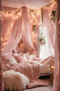 a bedroom with pink bedding and fairy lights on the wall above it, along with white fur rugs