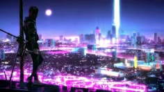 a man standing on top of a tall building next to a neon city at night