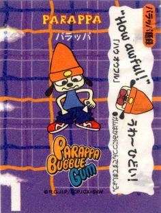 the back cover of parappa bubble gum from japan, with an image of a cartoon character