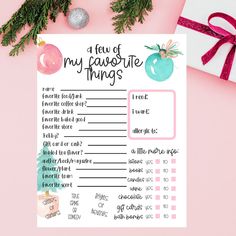 a printable christmas shopping list with presents on it, next to a pink background