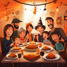 a family sitting around a table for a thanksgiving dinner