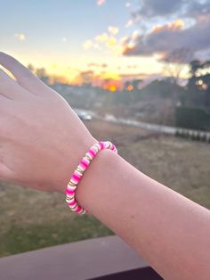 this is a clay bead bracelet with all sorts of shades of pink and some gold beads. these bracelets are all handmade individually with clay beads. This bracelet is very stretchy and should fit any rist sizes. The bracelet is very comfortable and can be worn anywhere! If anything is wrong with your order you can contact malifersbracelets [!at] gmail.com. Thank you so much and i hope you enjoy! Less Gold Clay Bead Bracelet, Clay Bracelets, Beads Pattern, Clay Bead Bracelet, Diy Jewelry Unique, Clay Bracelet, Beads Bracelet Design, Clay Bead, Bracelet Design