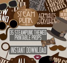 steampunk themed printable props are shown here