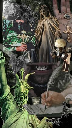 the statue of liberty is surrounded by many different things in this collage, including hands and