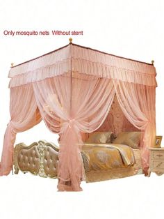 a pink canopy bed sitting next to a white dresser