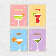 four different types of cocktails are shown in three square frames, each with the word tequila