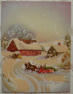 an old fashioned christmas card with horses pulling a sleigh down a snowy road