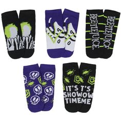 Step into the eerie and whimsical world of Beetlejuice with this 5-pack ankle no-show socks. Each pair features a distinctive design inspired by the movie, showcasing a vibrant purple, white, and green color scheme that captures the film's quirky spirit. From bold stripes to playful patterns, these socks bring the ghostly charm of Beetlejuice to life. One pair even boasts the infamous phrase "It's show time," ensuring you're ready for any nice adventure. Great for fans of the fun classic, these White And Green Color Scheme, Green Color Scheme, Show Time, Green Color Schemes, Sock Packs, Vibrant Purple, Socks For Men, Emo Goth, Bold Stripes