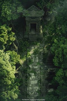 an aerial view of a forest with stairs and trees in the foreground, from above