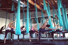 a group of people doing aerial yoga exercises