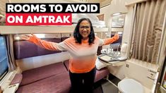 a woman standing in front of a bathroom with the words rooms to avoid on amtrak