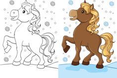 a cartoon horse standing in the snow with another horse behind it's back legs