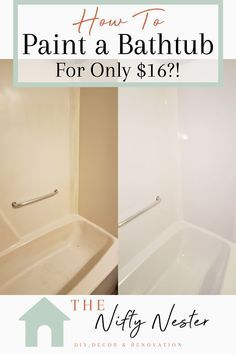 the bathroom is painted white and has a bathtub for only $ 16