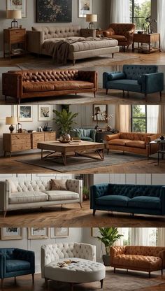 several different types of couches in various rooms