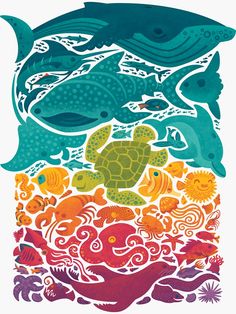 an image of fish and turtles in the ocean