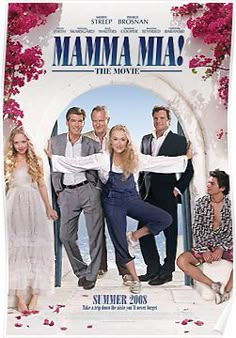 a movie poster for mamma mia the movie starring actors from two different countries, including one man and woman