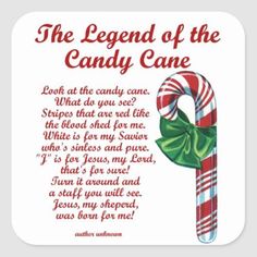 the legend of the candy cane poem is shown in red and green with an image of a