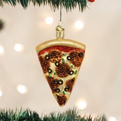 a slice of pizza ornament hanging from a christmas tree