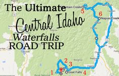 the map for central idaho waterfalls road trip, showing where to go and what to see