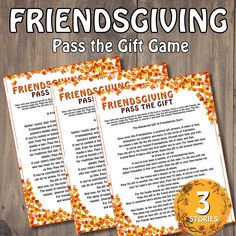 two friends giving pass the gift game with autumn leaves on it and an orange ribbon