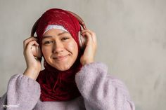 Muslim woman listening to music | premium image by rawpixel.com / McKinsey Woman Listening To Music, Arab Women, Woman Portrait, Red Outfit, Muslim Women, Gray Background, Listening To Music