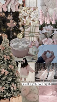 Pink And White Christmas, Tree Decoration Ideas, Silent Night Holy Night, Christmas Dreaming, Coquette Christmas, Xmas Wallpaper, Pink Xmas, Christmas Aesthetic Wallpaper, Christmas Collage