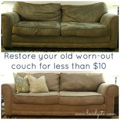 before and after photos of a couch that has been reupholed