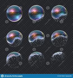 soap bubbles with different colors and shapes on a dark background, set of six images