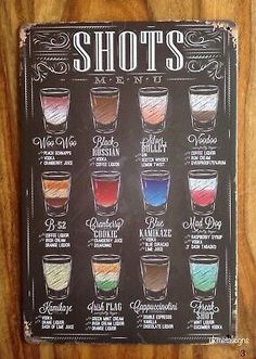 an old fashioned shot menu with many different shots in each glass and the names on it