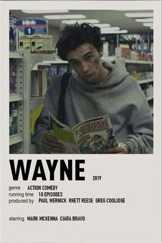 a young man reading a book in a library with the caption wayne on it