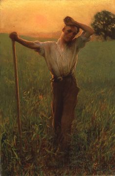 a painting of a man standing in a field with his hands on his head and holding a stick