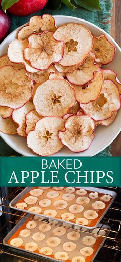 baked apple chips are in the oven and ready to be eaten with apples around them