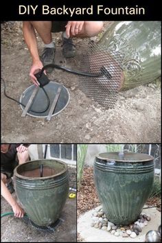 a collage of photos showing how to build a backyard fountain