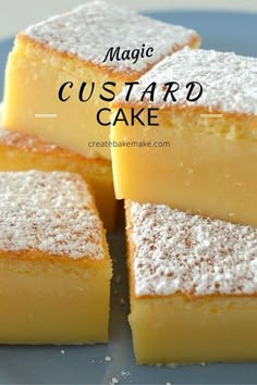 four pieces of cake with powdered sugar on top and the words magic custard cake above it