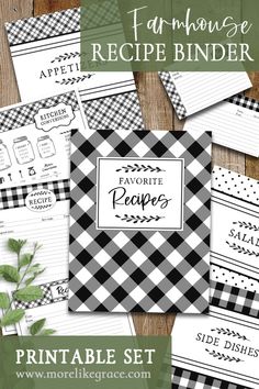 the printable recipe binder is shown in black and white checkered plaid pattern