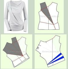 four different types of sewing patterns and instructions to make an origami top for women