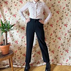 80s does 40s vintage dark academia black high waisted tapered pants with pockets. Small size. Timeless piece very easy to style for different looks! Material: 45% Wool / 55% Polyester Made in Holland Excellent vintage condition. Suitable size: Fits best USA6/FR36/S/UK8 Please refer to one sided laid flat measurements: ❉Waist 35cm / 13,7" ❉Hips 50cm / 19,6" ❉Inside leg 73cm / 28,7" ❉Length 101cm / 39,7" Model is between size USA6/8  FR36/38 - S/M for size reference. ★ GET YOUR FREE SHIPPING BUYIN Vintage Dark Academia, Reusable Packaging, Vintage Pants, Tapered Pants, Wool Pants, Look Plus, Dark Academia, Timeless Pieces, Different Styles