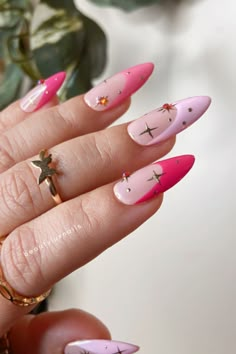 Pink nail sets with french tips with stars Kutek Disney, Unghie Sfumate, Her Nails, Gem Nails, Fire Nails, Dream Nails, Funky Nails, Pretty Acrylic Nails