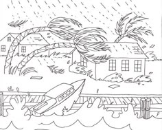 a black and white drawing of a boat in the water near a house with palm trees