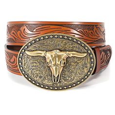 PRICES MAY VARY. [ COWBOY BELTS FOR MEN WOMEN] Mens cowboy belt are made of second layer cowhide leather and features beautiful embossing crafted western pattern on the strap. With 3.5mm thickness, this western cowgirl belt ensures the long-term durability. [ WESTERN BELTS FOR MEN WOMEN] Western cowboy belt for men women are important western fashion for everyday wear, western wedding parties, rodeo events, horse shows, country concerns, Halloween costumes. The large gold bull buckle is a great Cowboy Belts, Buckles Belt, Cowboy Attire, Western Leather Belt, Cowgirl Belt, Cowboy Buckle, Gold Belt Buckle, Belt For Jeans, Belt Western